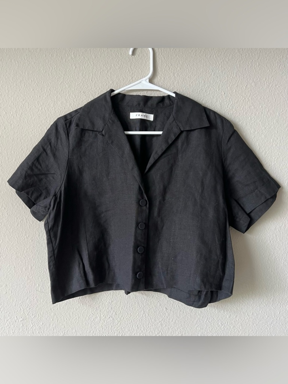 Frame Denim Black Short-Sleeve Button-Front Linen Shirt